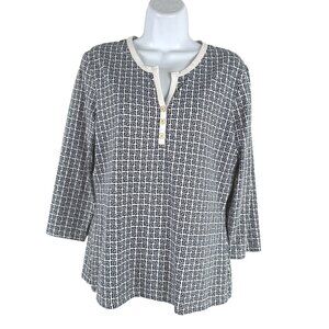 J. Mclaughlin Catalina Cloth Henley Top Large Blue White 3/4 Sleeve TP-3751